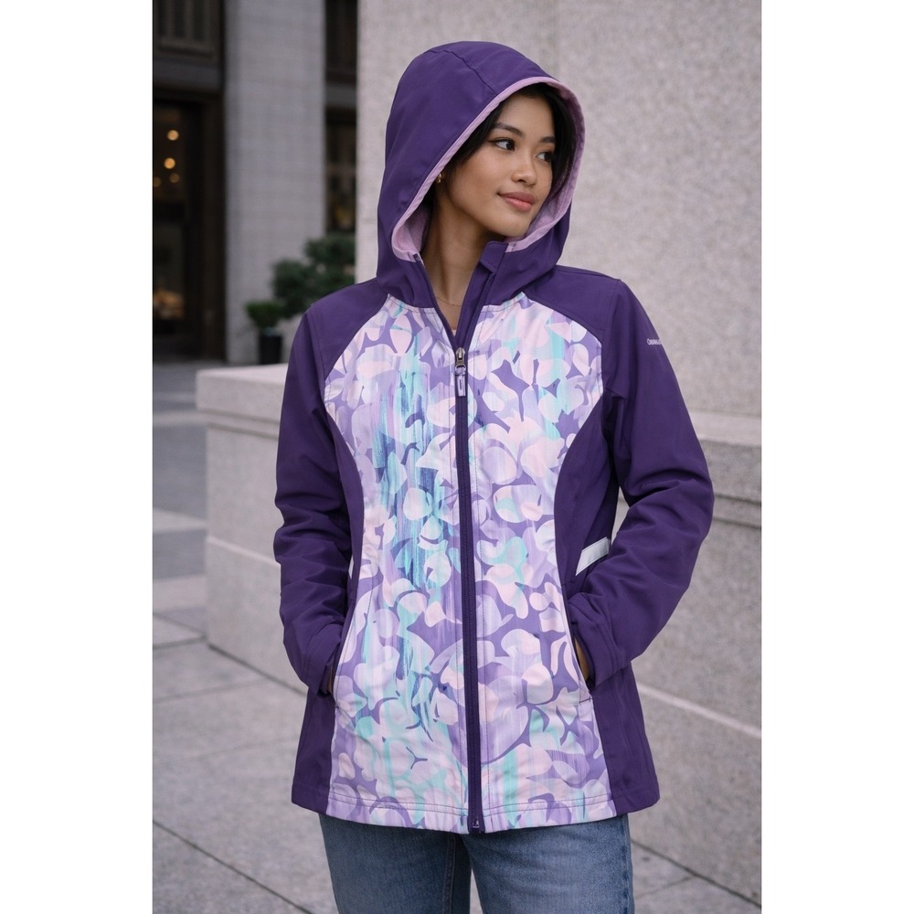 Free Country Girls Purple Floral Camo Softshell Fleece Lined Hooded Jacket Siz L